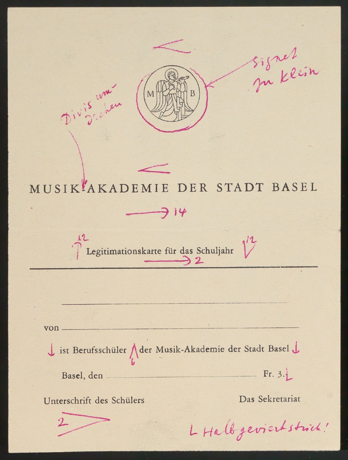 Entwürfe und Probedrucke zum Corporate Design für Musik-Akademie Basel — Blatt 3