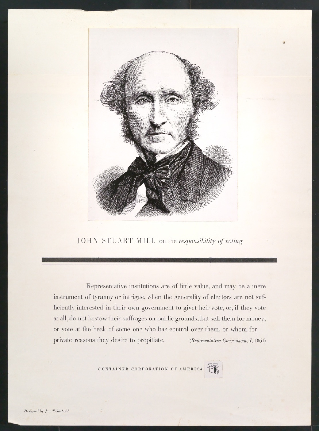 Probedruck mit ergänzten Klischeeabzügen zum Werbeplakat Great Ideas of Western Man: John Stuart Mill — Blatt 1