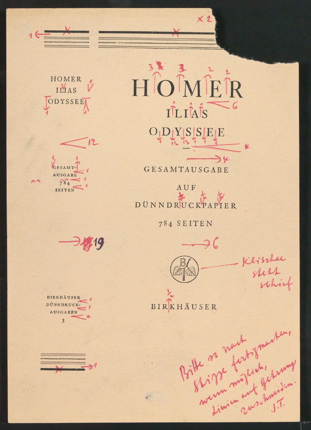 Titelblatt und Korrekturfahne Ilias und Odyssee — Blatt 3