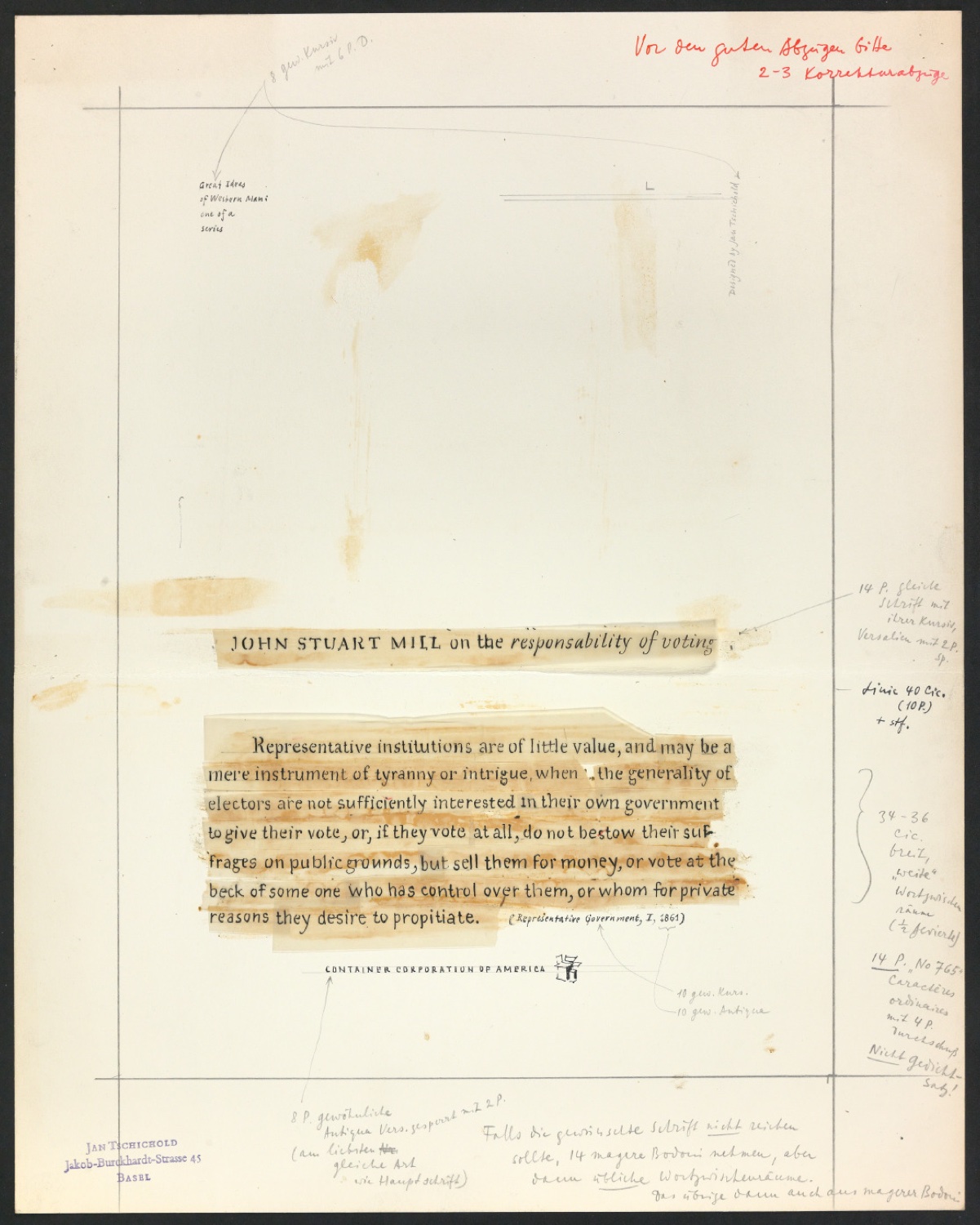 Klebeentwurf zum Werbeplakat Great Ideas of Western Man: John Stuart Mill — Blatt 1