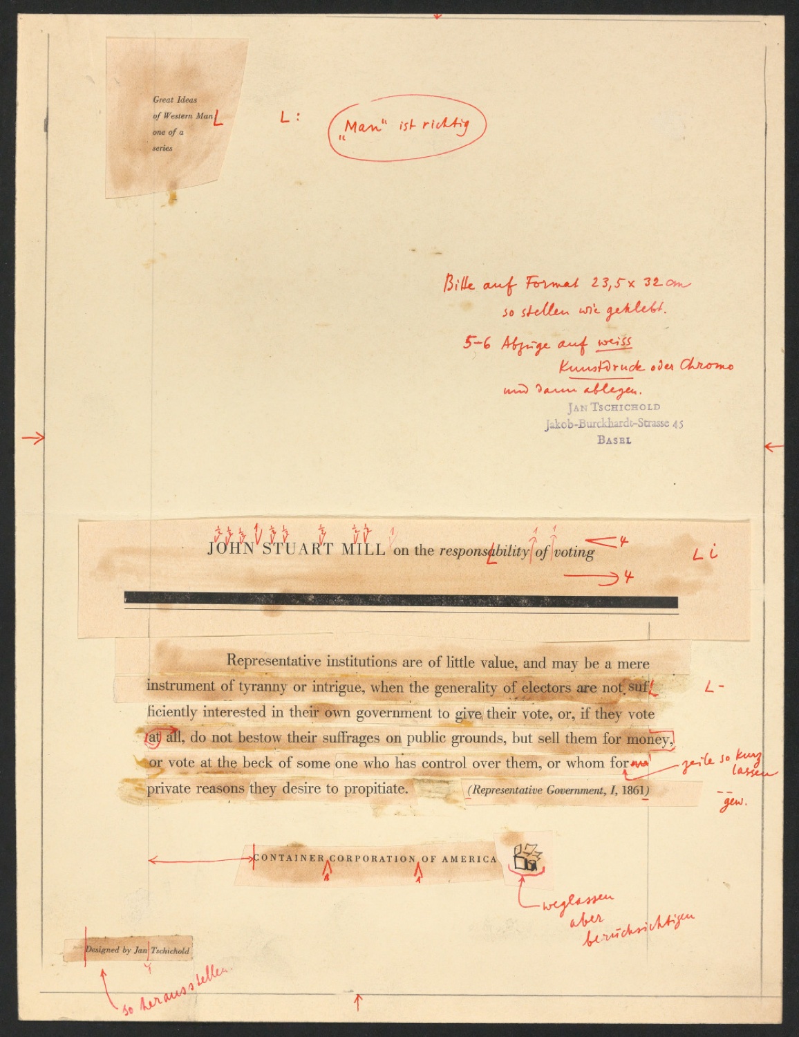 Klebeentwurf zum Werbeplakat Great Ideas of Western Man: John Stuart Mill — Blatt 1