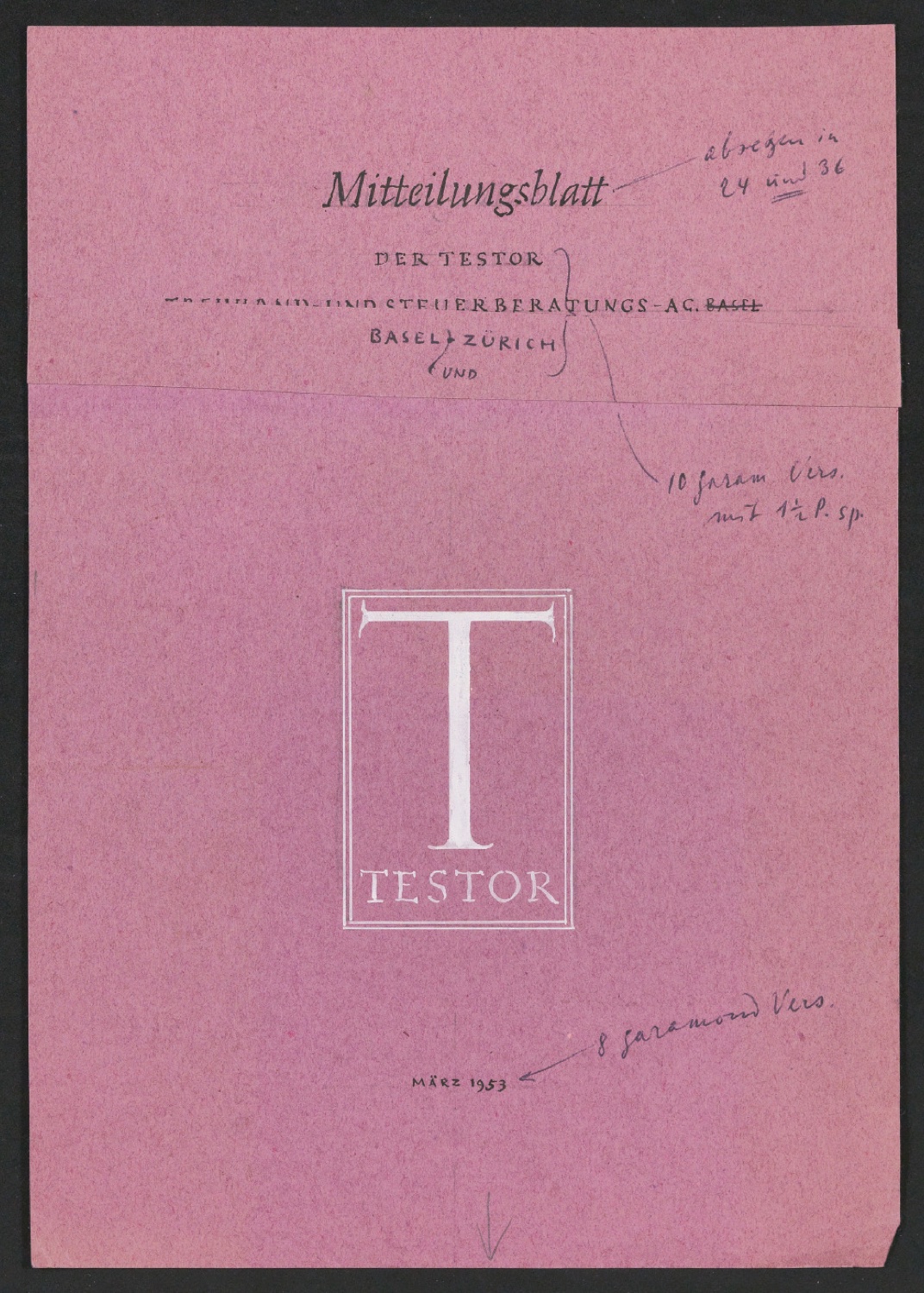 Entwurf für den Umschlag von Mitteilungsblatt der Testor Treuhand- und Steuerberatungs AG — Blatt 1