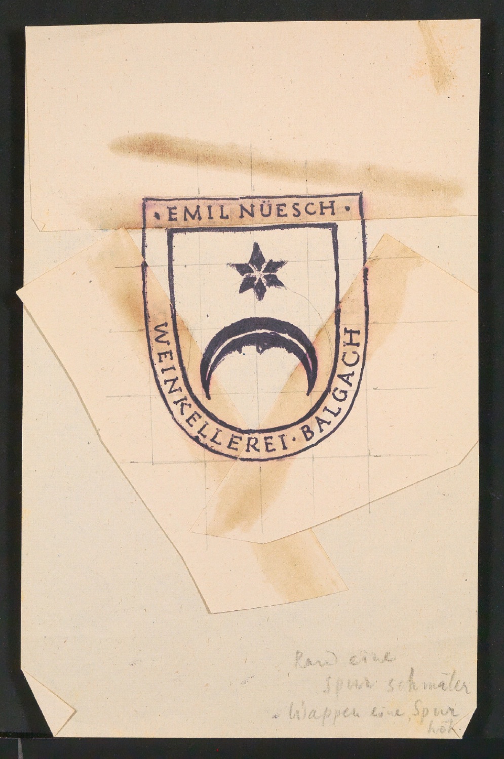 Entwürfe, Probedrucke, Klischees und Klischeeabzüge von Firmenzeichen für Emil Nüesch Weinkellerei Balgach — Blatt 1