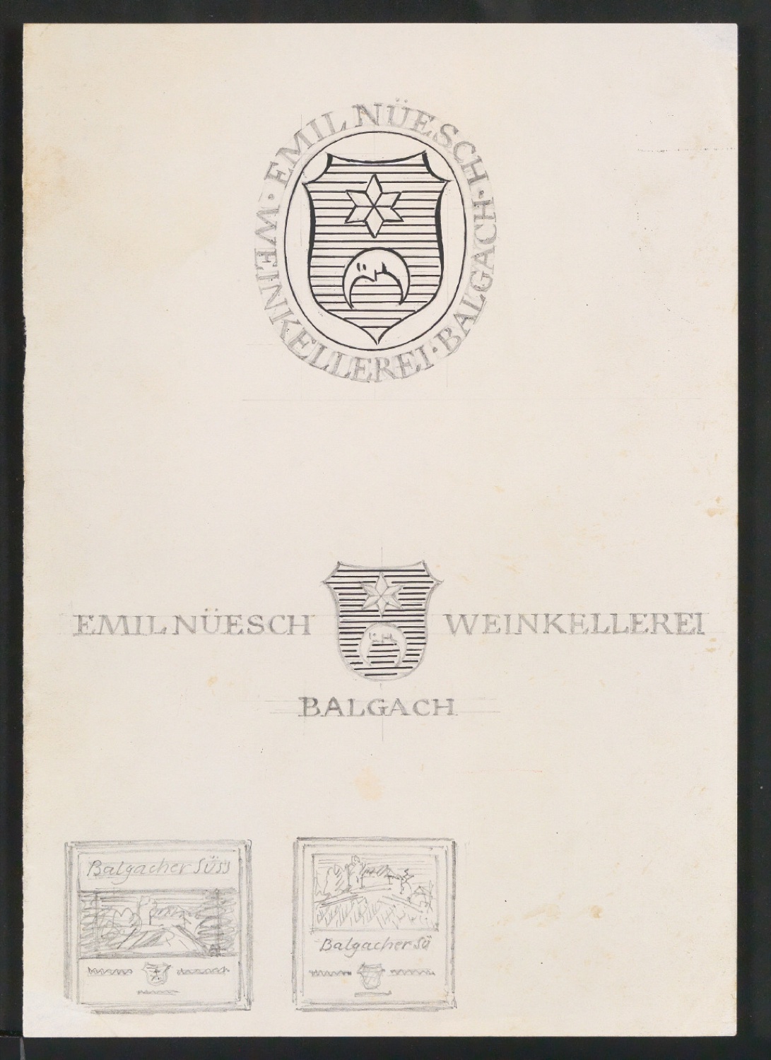 Entwürfe, Probedrucke, Klischees und Klischeeabzüge von Firmenzeichen für Emil Nüesch Weinkellerei Balgach — Blatt 7