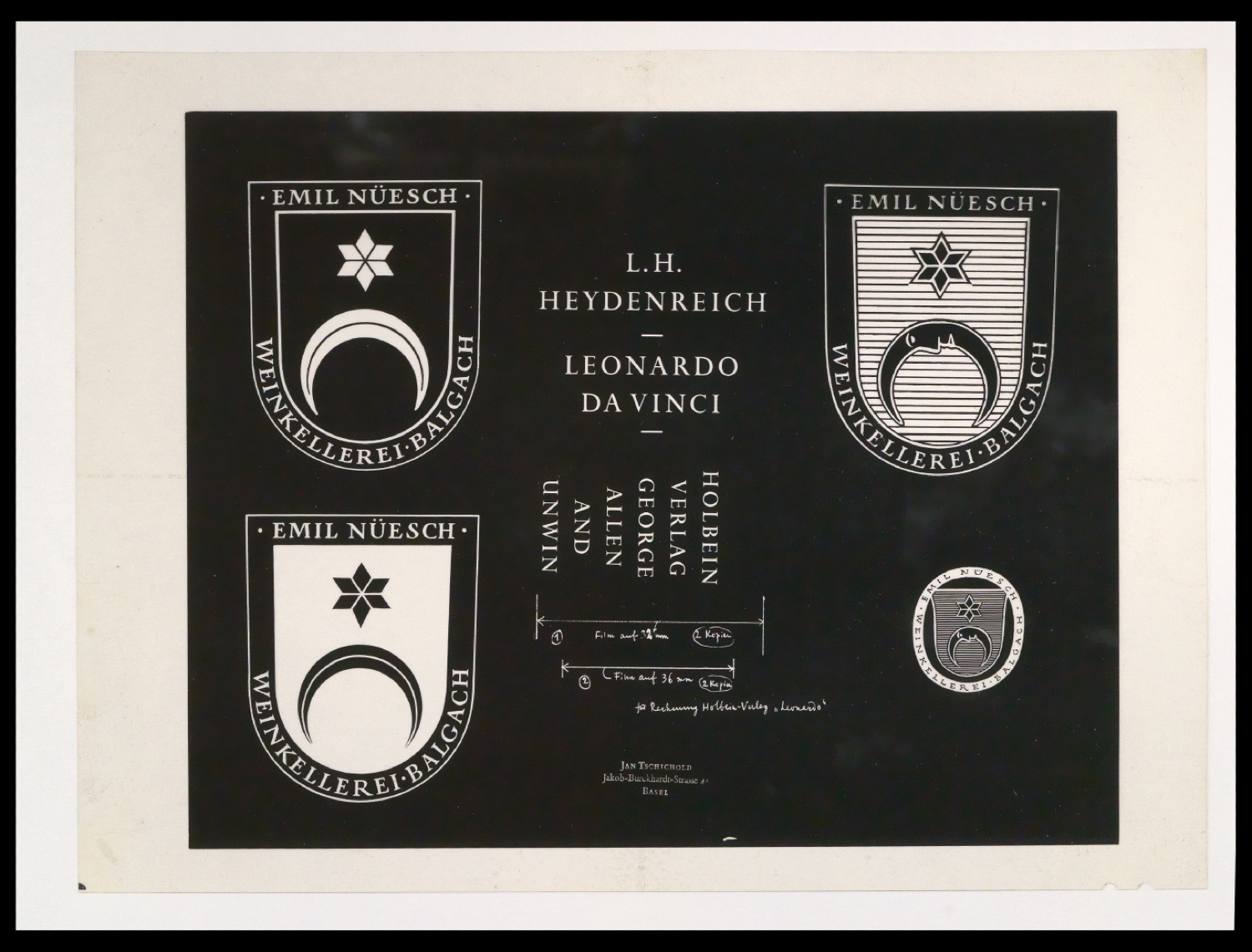 Entwürfe, Probedrucke, Klischees und Klischeeabzüge von Firmenzeichen für Emil Nüesch Weinkellerei Balgach — Blatt 29