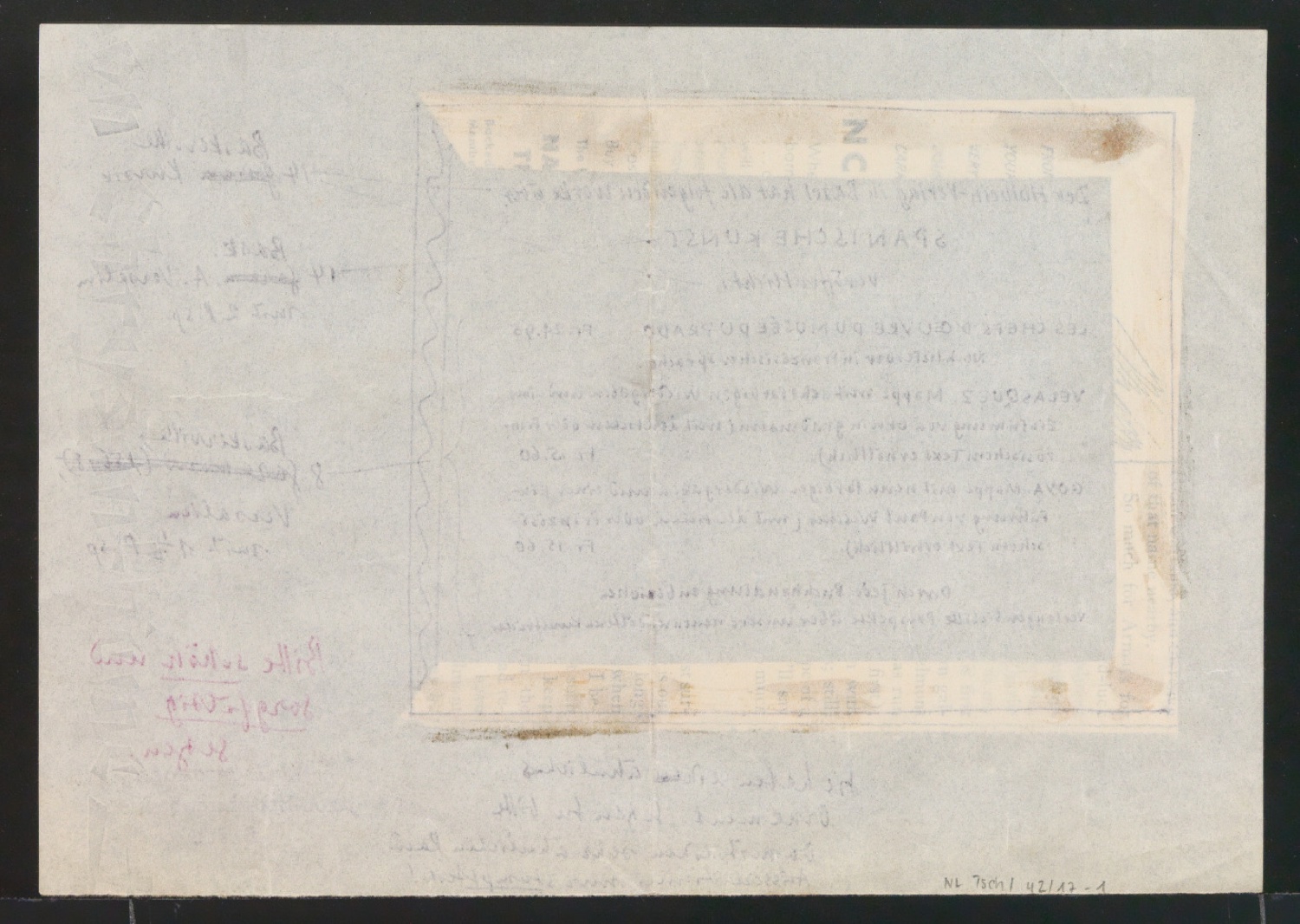 Entwurf und Korrekturfahnen von Werbeanzeige für Holbein-Verlag Spanische Kunst — Blatt 2