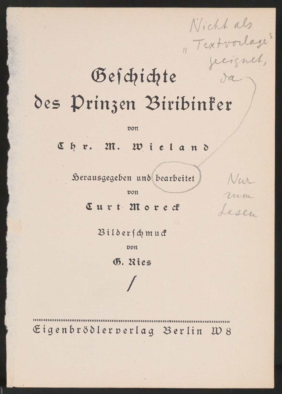 Probedruck von Titelblatt für Geschichte des Prinzen Biribinker — Blatt 1