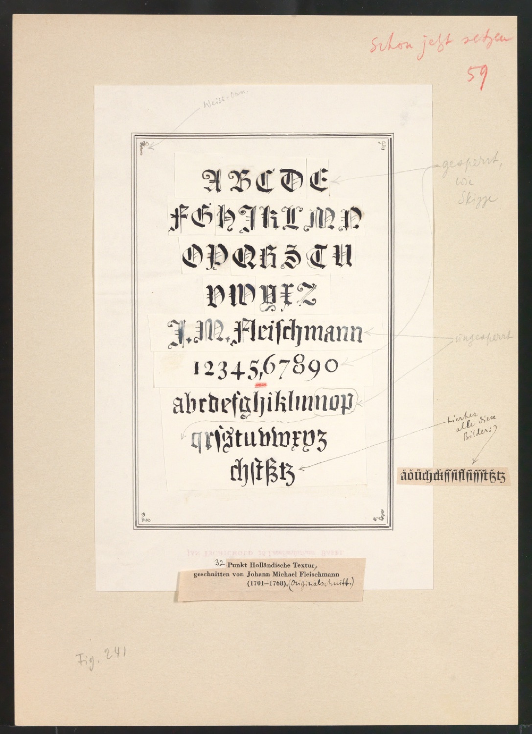 Montierter Entwurf einer Schrifttafel mit Holländischer Textur für Meisterbuch der Schrift — Blatt 1