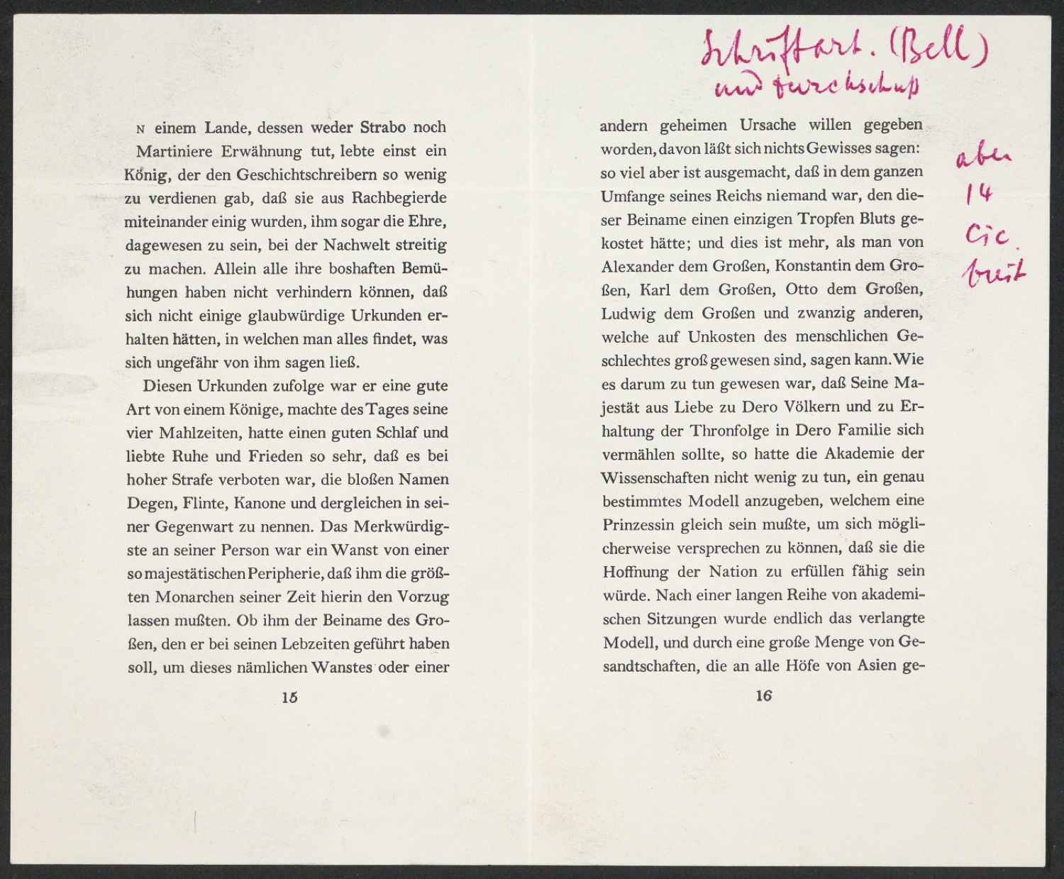 Probedruck mit Korrektur für Seiten von Geschichte des Prinzen Biribinker — Blatt 1