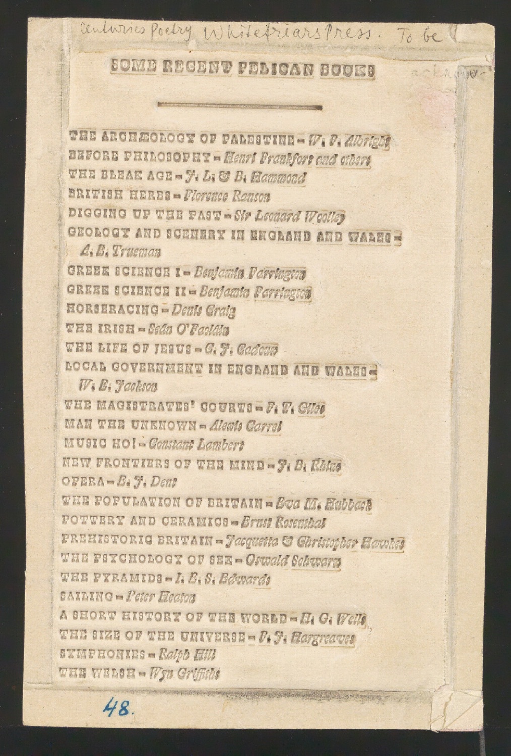 Papierstereotypie-Matern mit zwei Seiten von Shakespeare's Sonnets und Übersicht Some Revent Pelican Books — Blatt 5