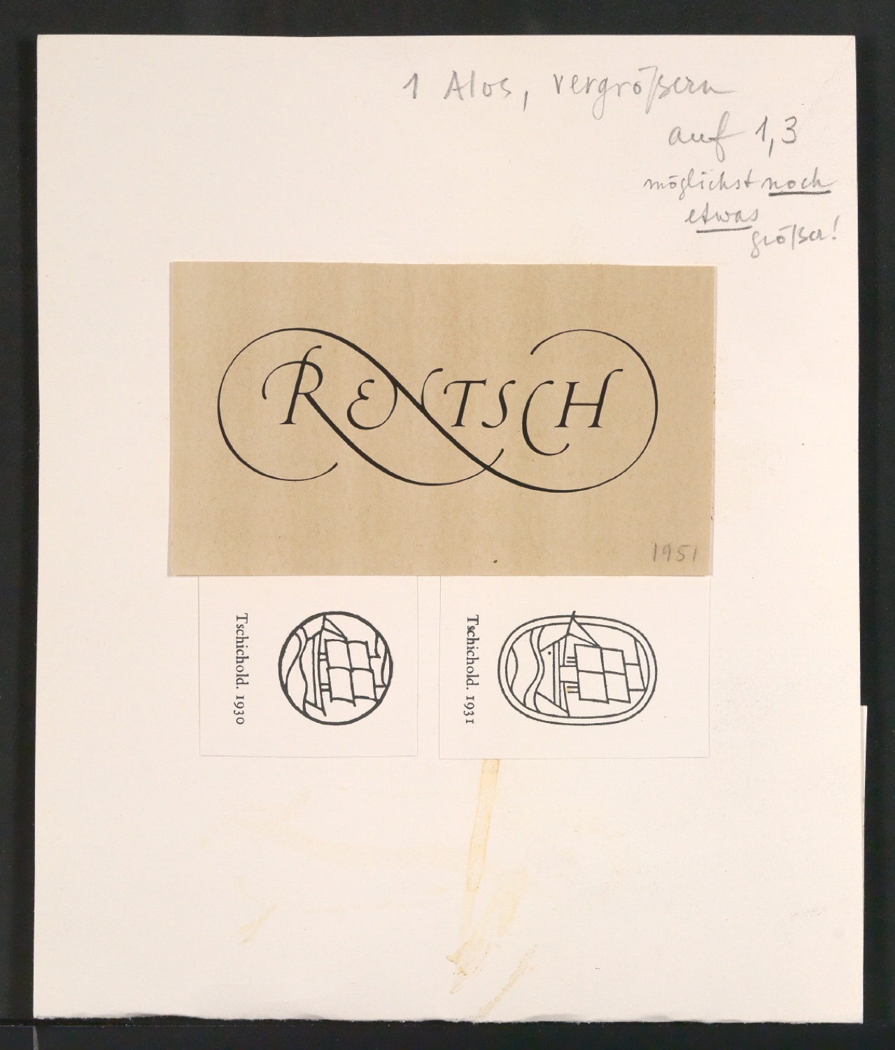Motierter Entwurf mit Klischeeabzügen für Illustration mit von Tschichold gestalteten Signeten — Blatt 1