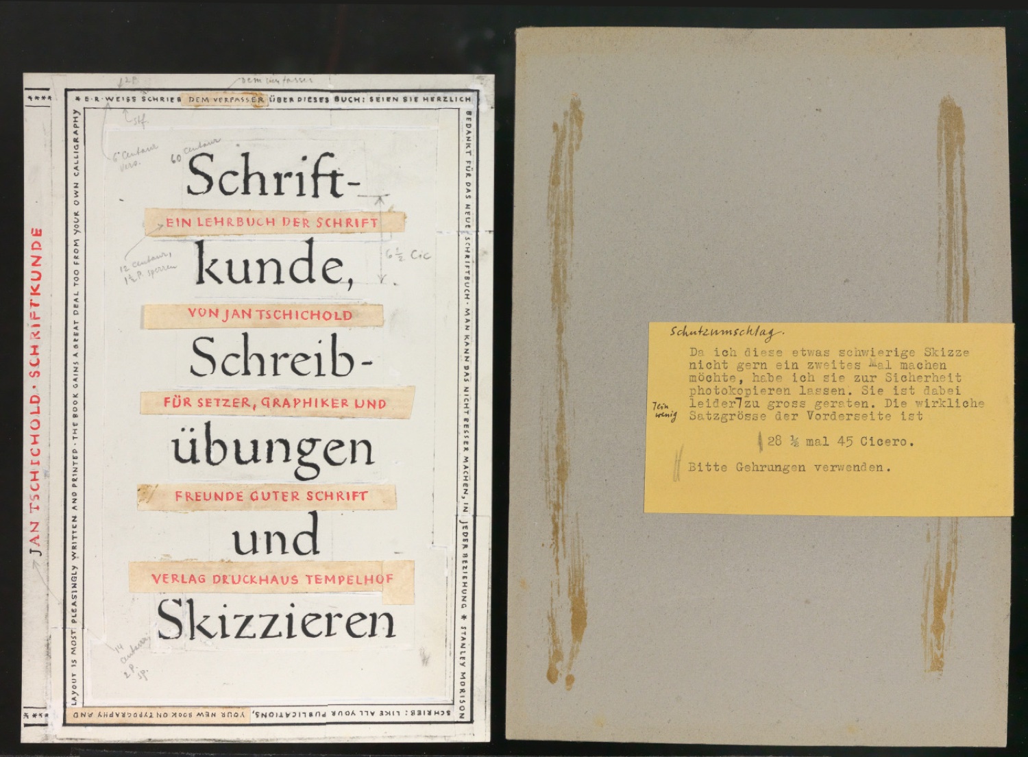 Entwurfkorrektur für den Schutzumschlag von Schriftkunde, Schreibübungen und Skizzieren für Setzer — Blatt 1