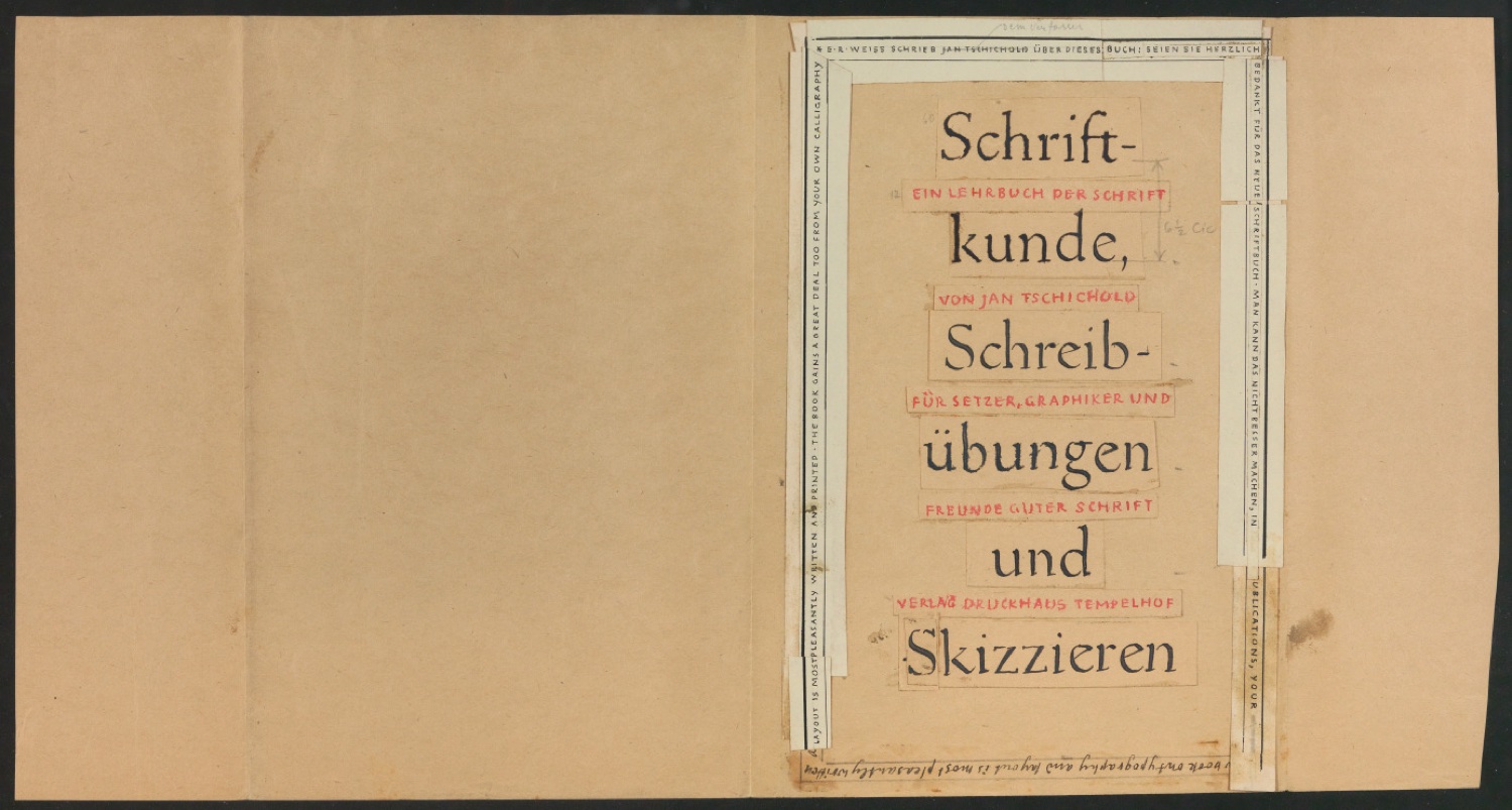 Klebeentwurf für den Schutzumschlag von Schriftkunde, Schreibübungen und Skizzieren für Setzer — Blatt 1