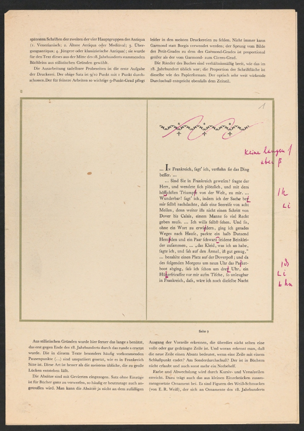 Probedruck mit Korrektur für die Beilage Typographie einer Liebhaberausgabe von sehr kleinem Format — Blatt 5