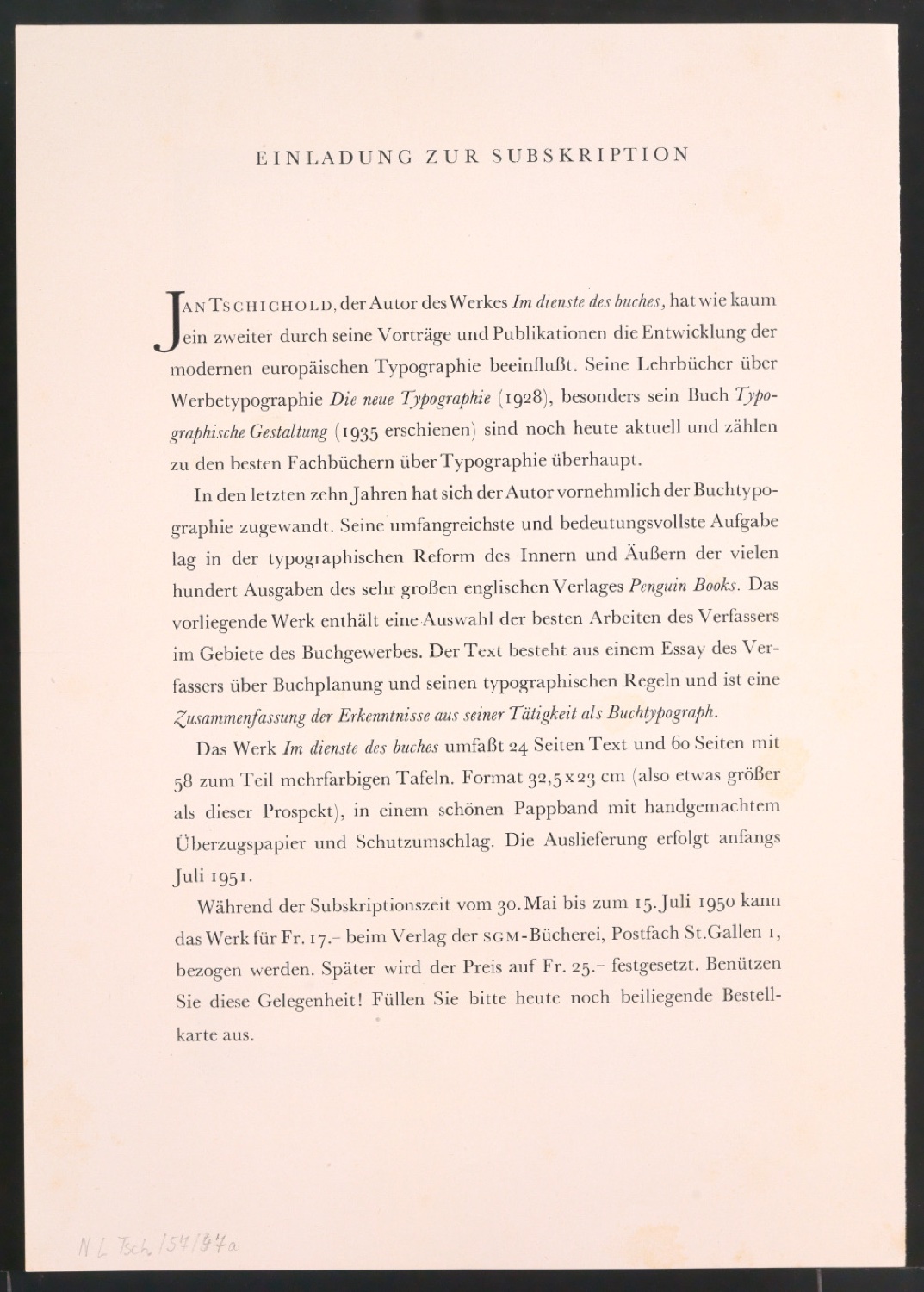 Einladung zur Subskription und Bestellschein für Im Dienste des Buches — Blatt 3