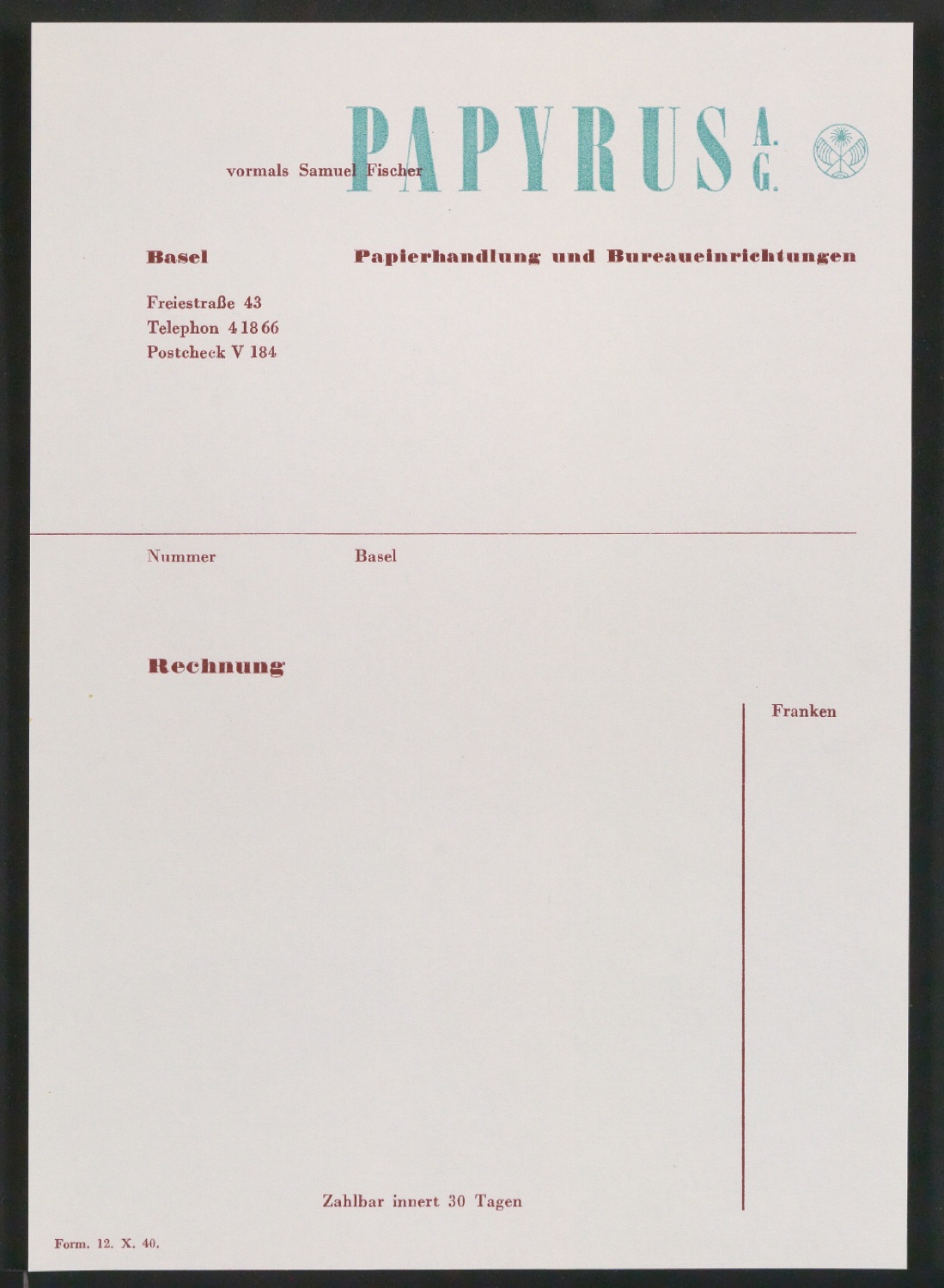 Rechnungsvordruck für Papyrus AG — Blatt 1