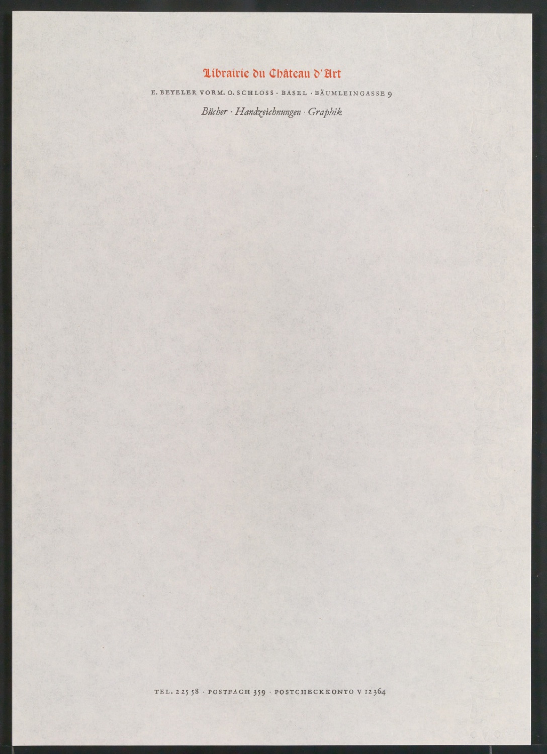 Briefpapier und Rechnungsvordruck für Galerie Beyeler und Librairie du Château d'Art — Blatt 1