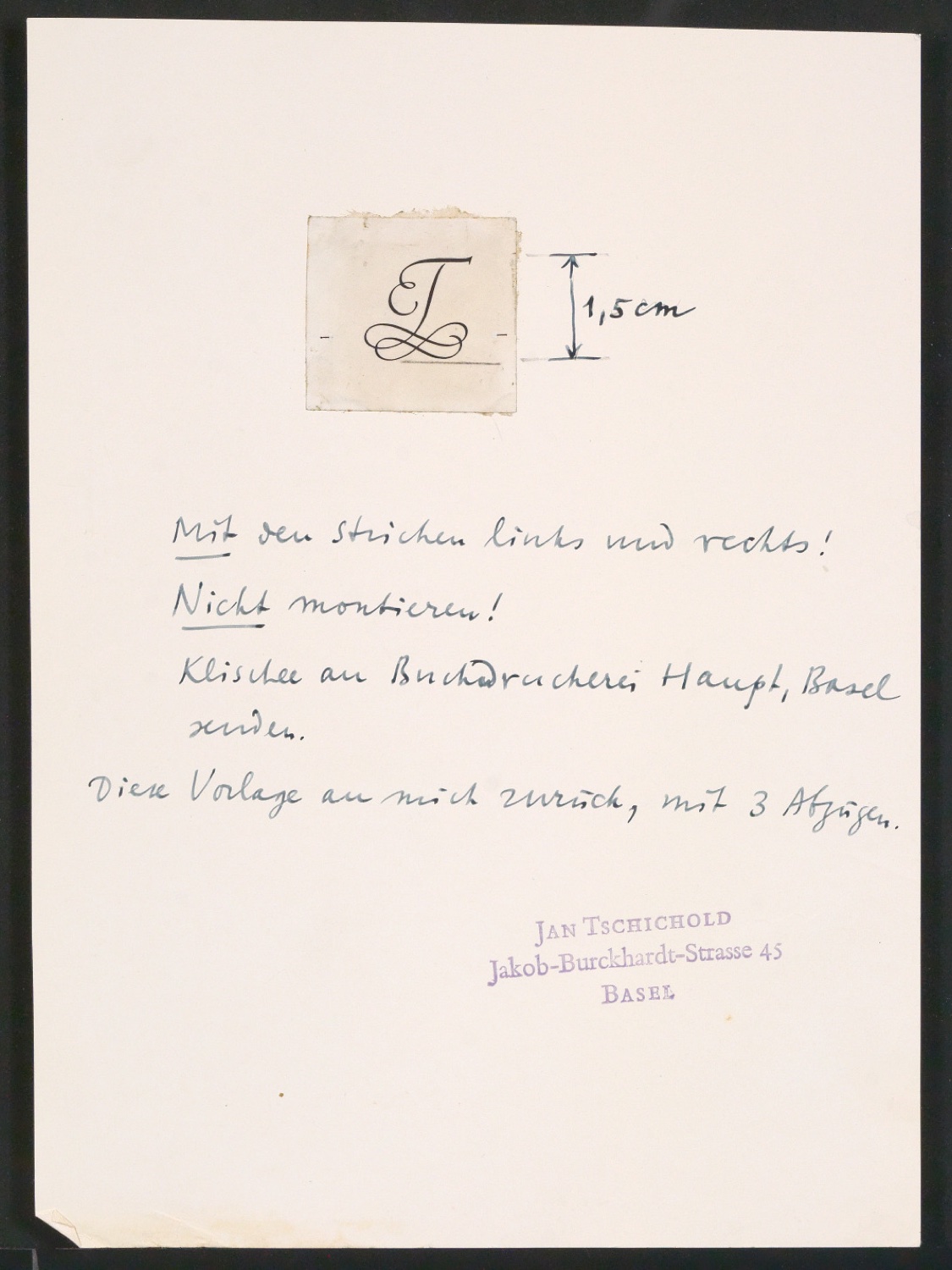 Probedrucke von Briefbogen für Edith Tschichold — Blatt 1