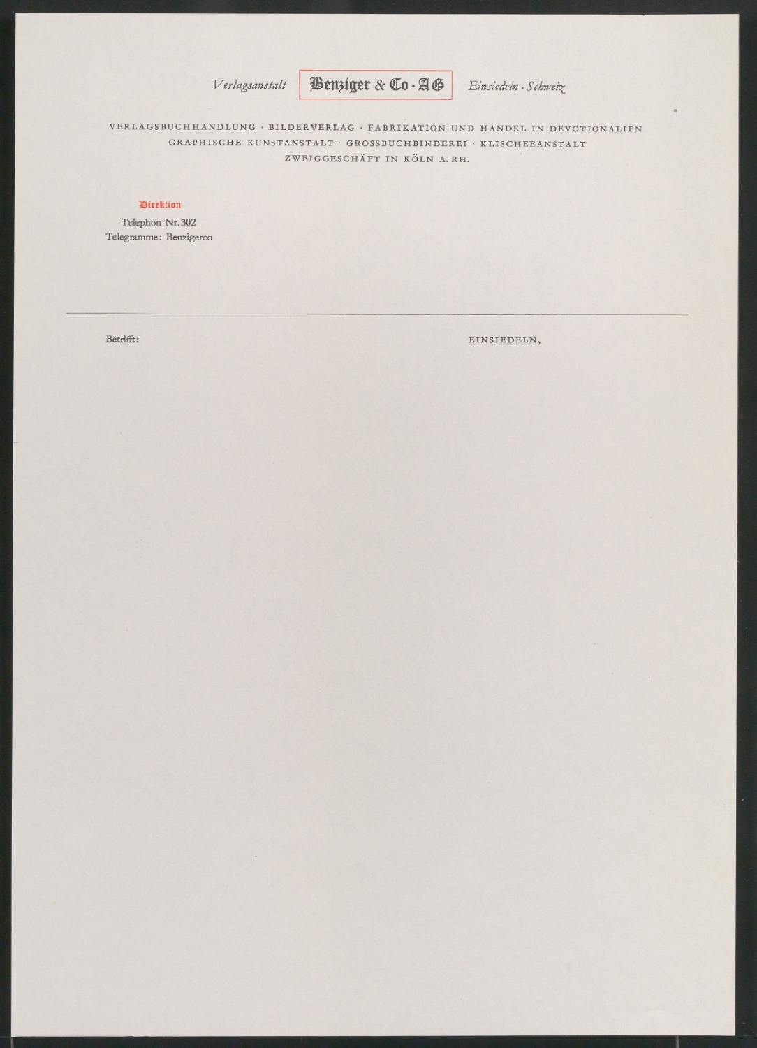 Briefbogen für Verlagsanstalt Benziger & Co. — Blatt 1