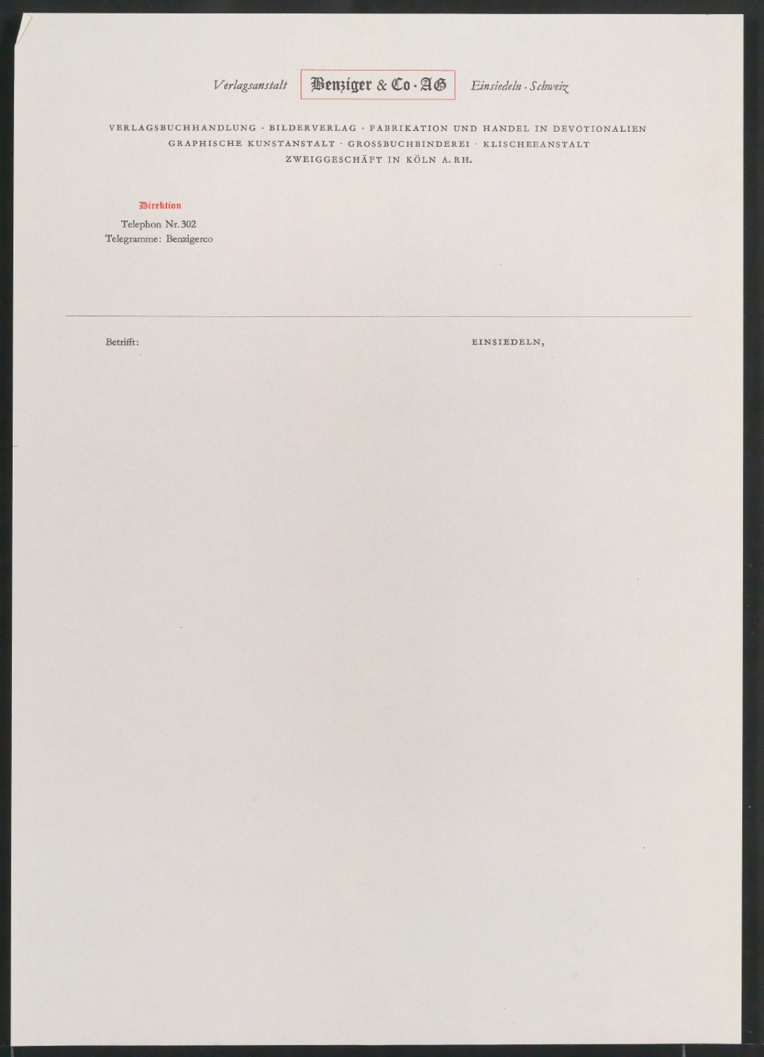 Briefbogen für Verlagsanstalt Benziger & Co. — Blatt 3