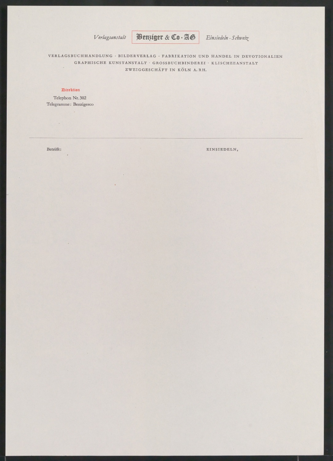 Briefbogen für Verlagsanstalt Benziger & Co. — Blatt 7