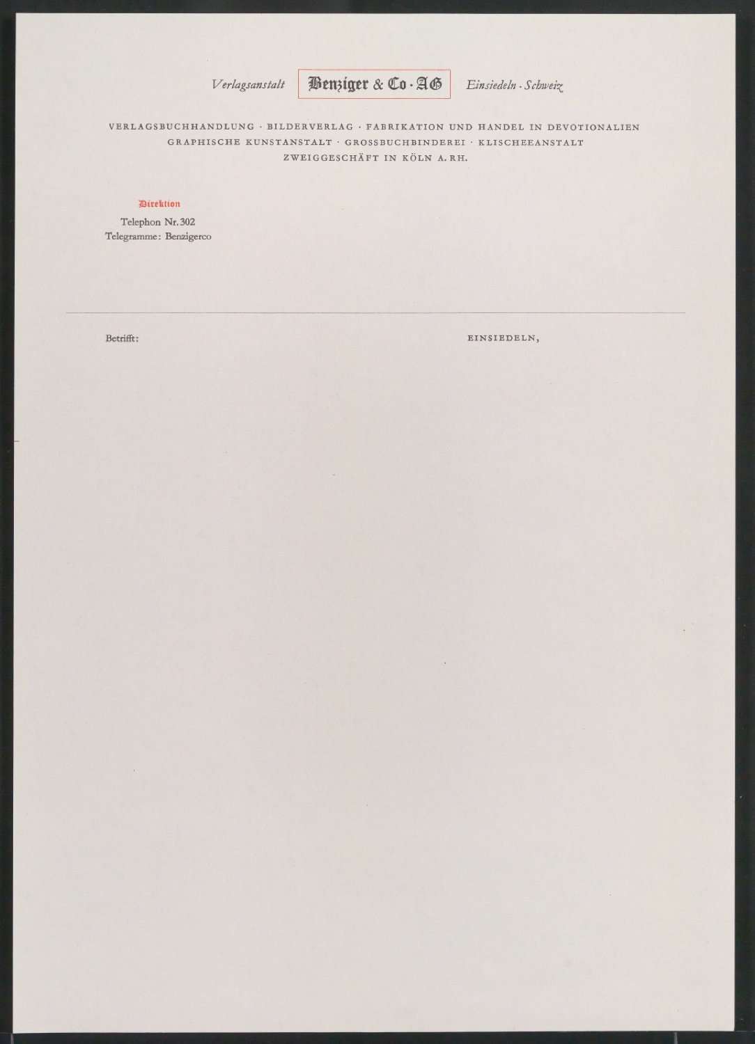 Briefbogen für Verlagsanstalt Benziger & Co. — Blatt 9
