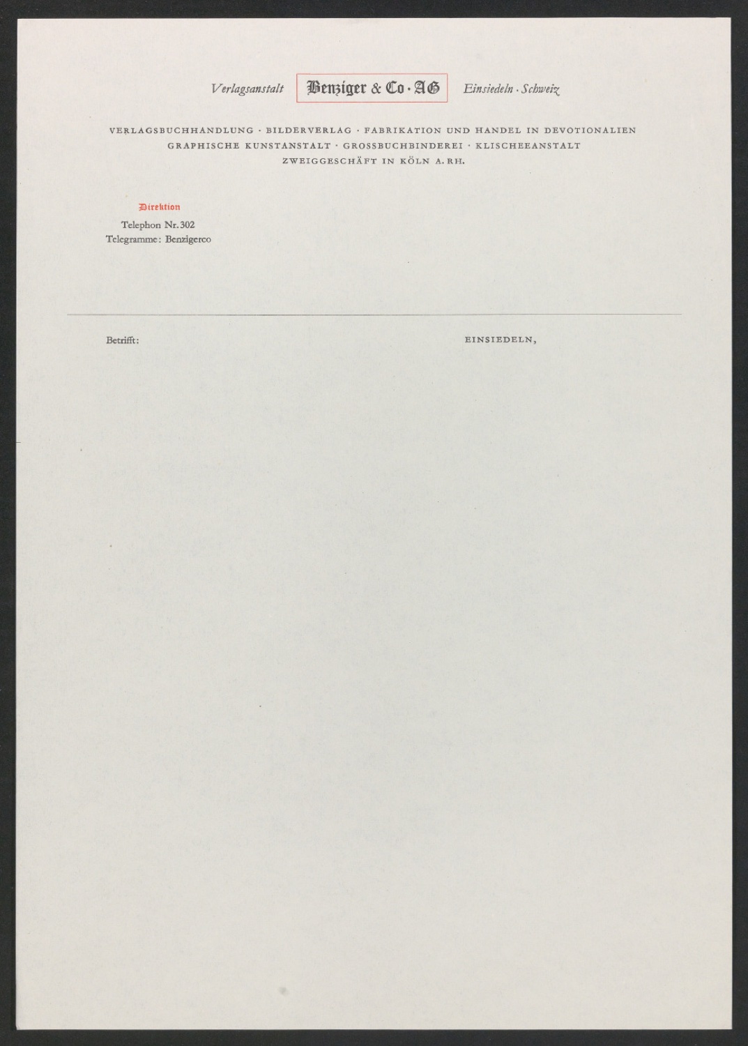 Briefbogen und Briefumschlag mit Briefkopf für Verlagsanstalt Benziger & Co. AG — Blatt 1