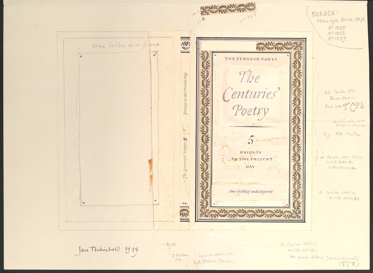 Klebeentwurf für den Umschlag von The Penguin Poets: The Centuries' Press 5: Bridges to the present day — Blatt 3