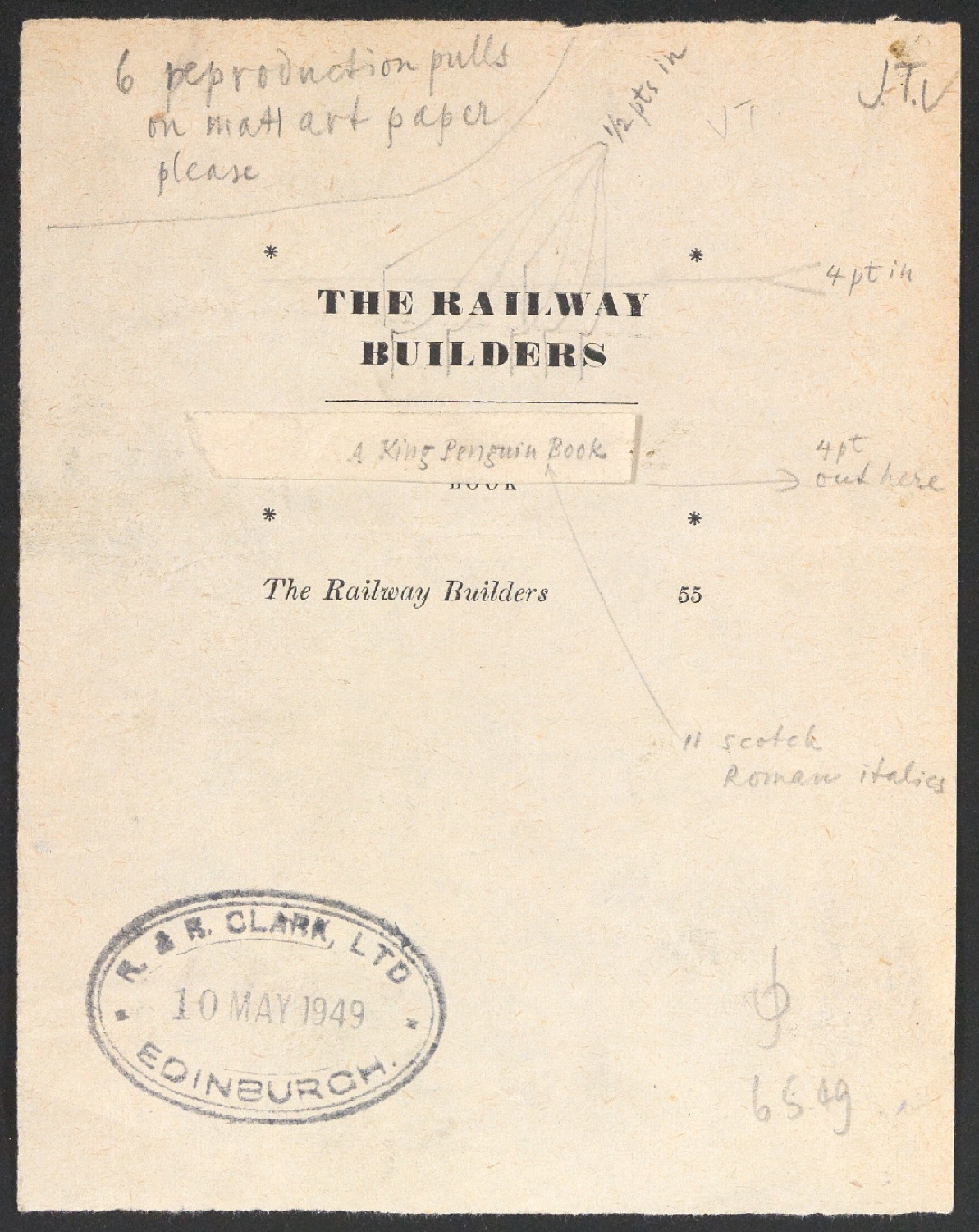 Korrekturfahne für das Titelblatt von The Railway Builders — Blatt 1