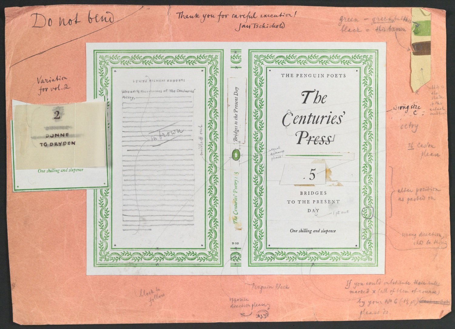 Klebeentwurf für den Umschlag von The Penguin Poets: The Centuries' Press 5: Bridges to the present day — Blatt 1