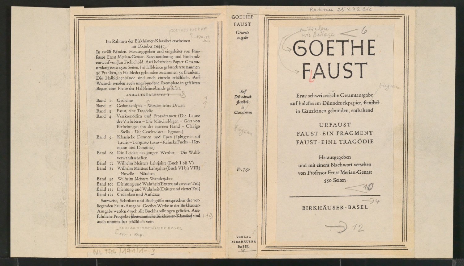 Klebentwurf mit Korrekturen für den Schutzumschlag von Goethes Faust — Blatt 1