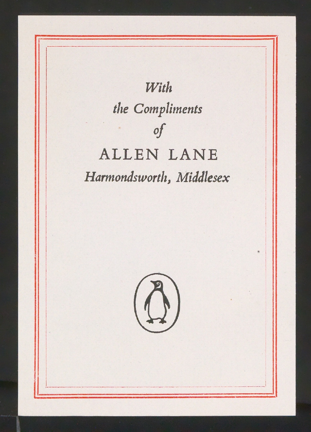 Empfehlungskarte Compliments of Allen Lane — Blatt 1