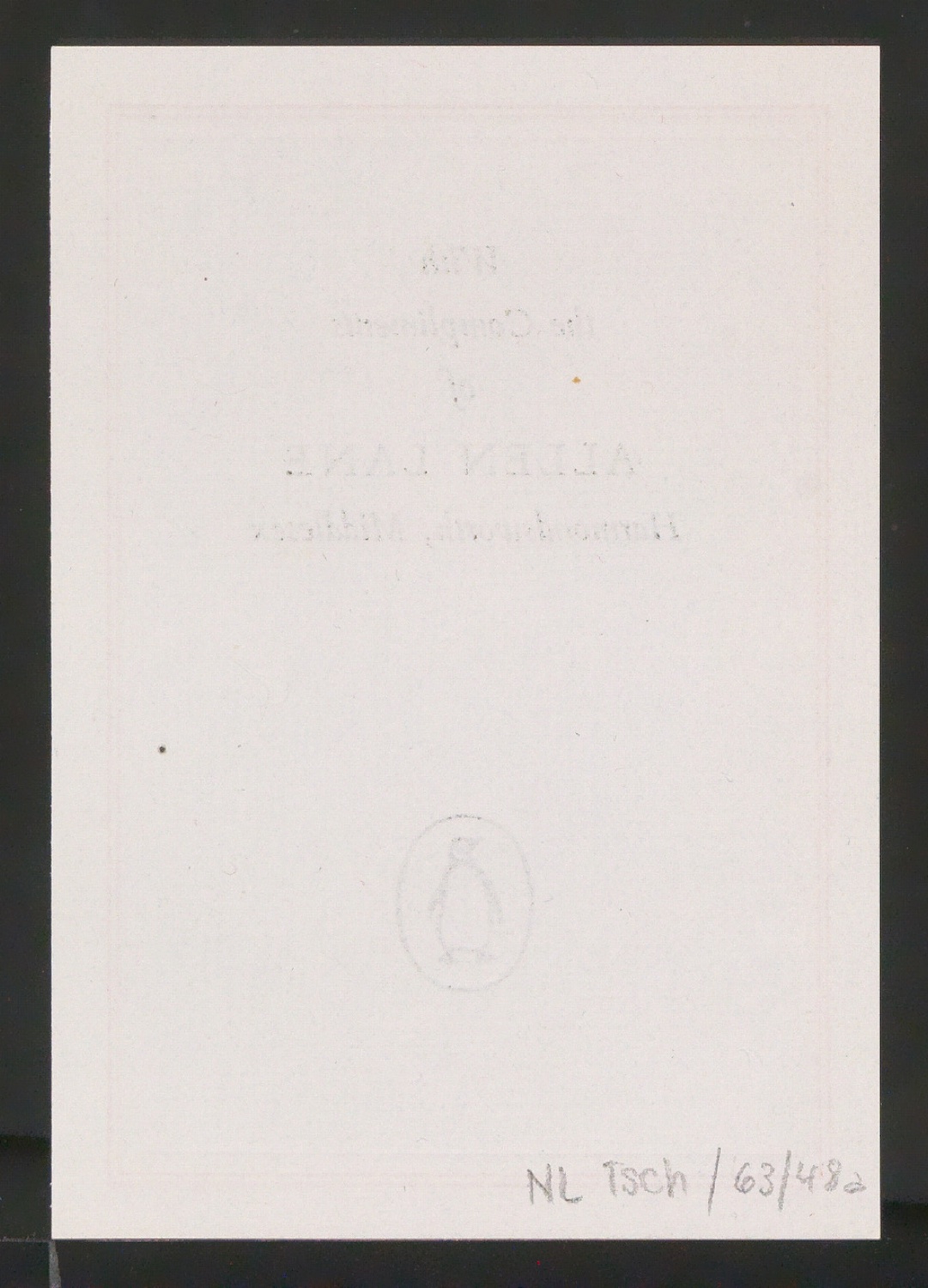 Empfehlungskarte Compliments of Allen Lane — Blatt 2