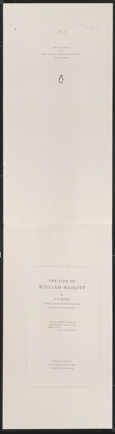 Probedruck für das Titelblatt von The Life of William Hazlitt — Blatt 1