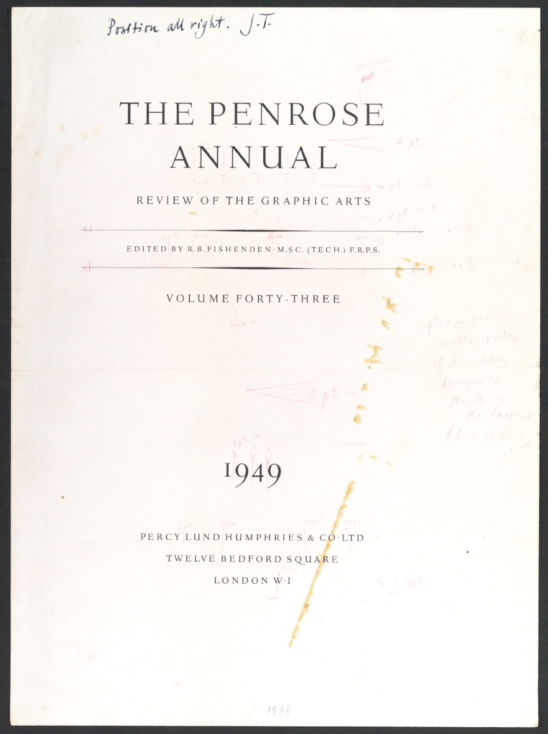 Druckfahne für ein Titelblatt von Penrose Annual Volume 43 — Blatt 1