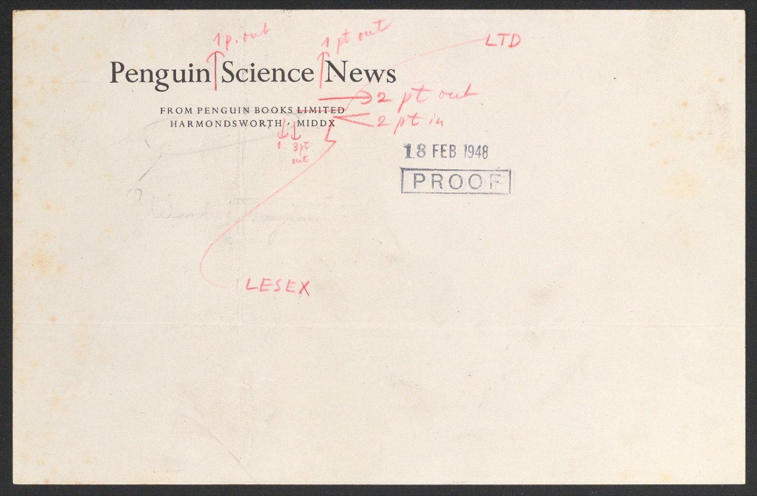 Korrigierter Probedruck Briefumschlag Penguin Science News für Penguin Books — Blatt 1