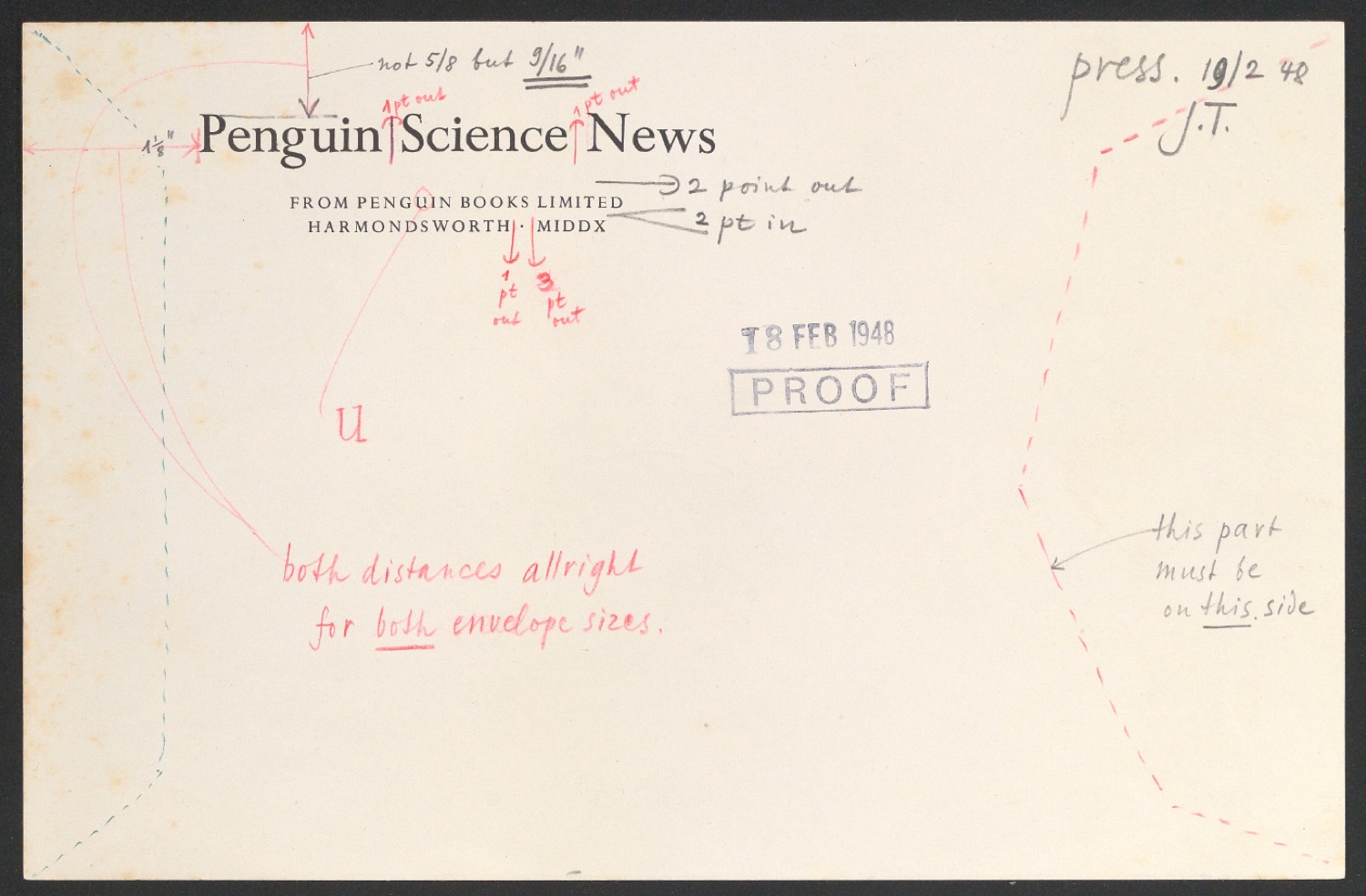 Korrigierter Probedruck Briefumschlag Penguin Science News für Penguin Books — Blatt 1