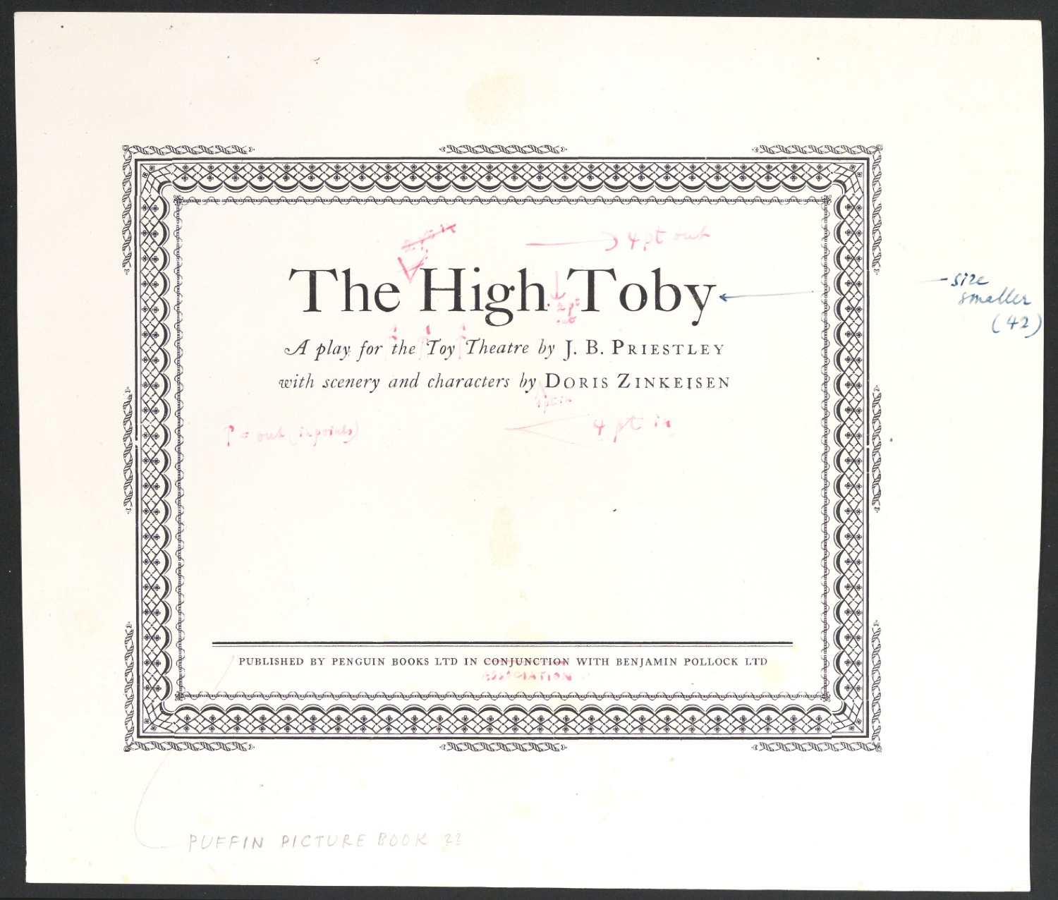 Korrigierter Probedruck für das Titelblatt von The High Toby mit handschriftlichen Anmerkungen — Blatt 1