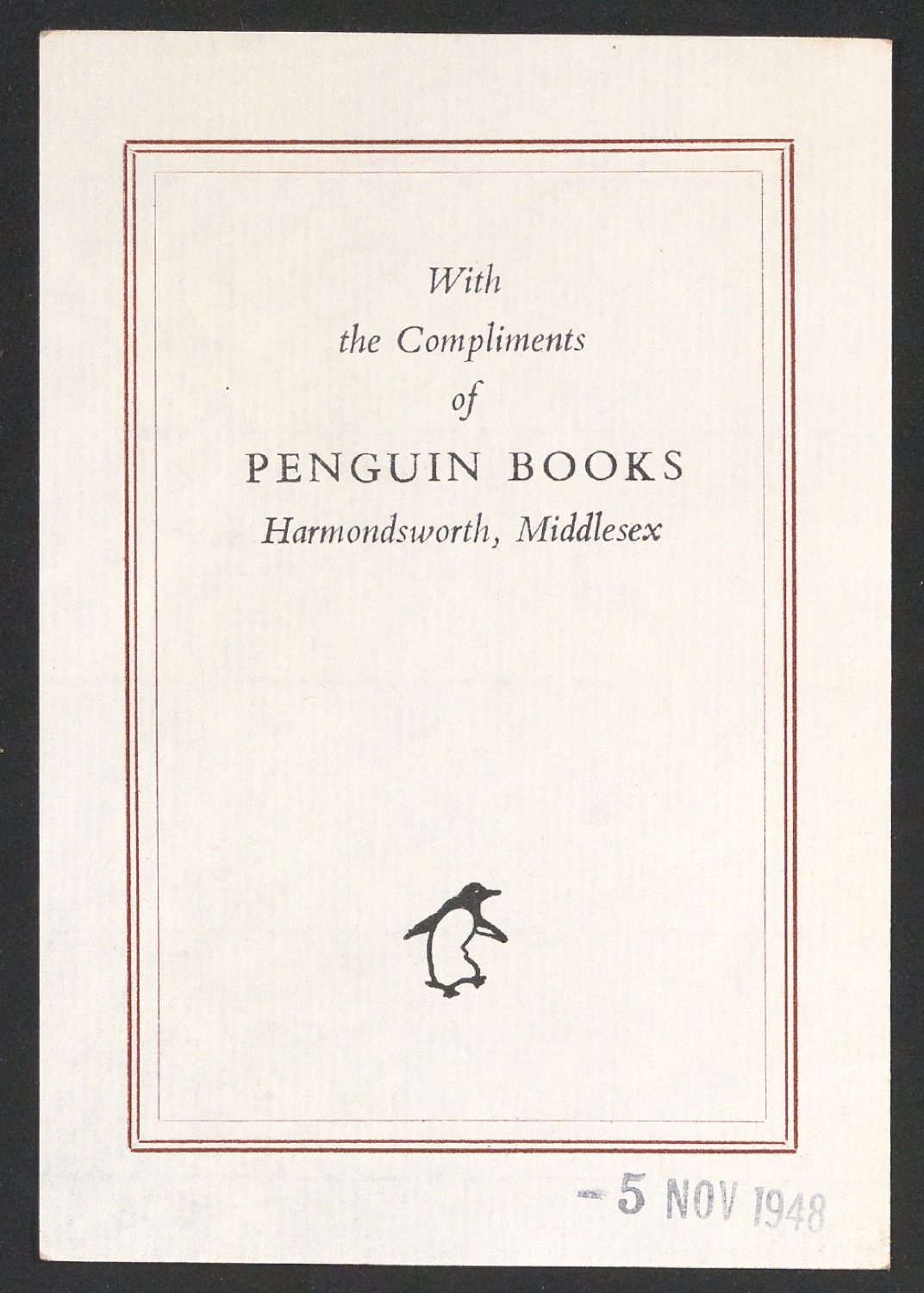 Empfehlungskarte für Penguin Books mit Stempel — Blatt 1
