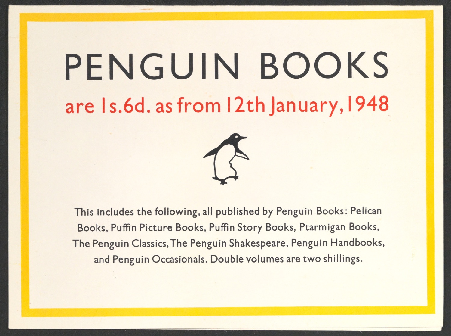 Werbeschild Penguin Books 12th January 1948 Veröffentlichungen Februar — Blatt 1