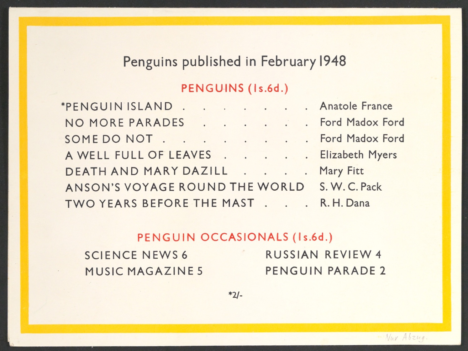 Werbeschild Penguin Books 12th January 1948 Veröffentlichungen Februar — Blatt 4