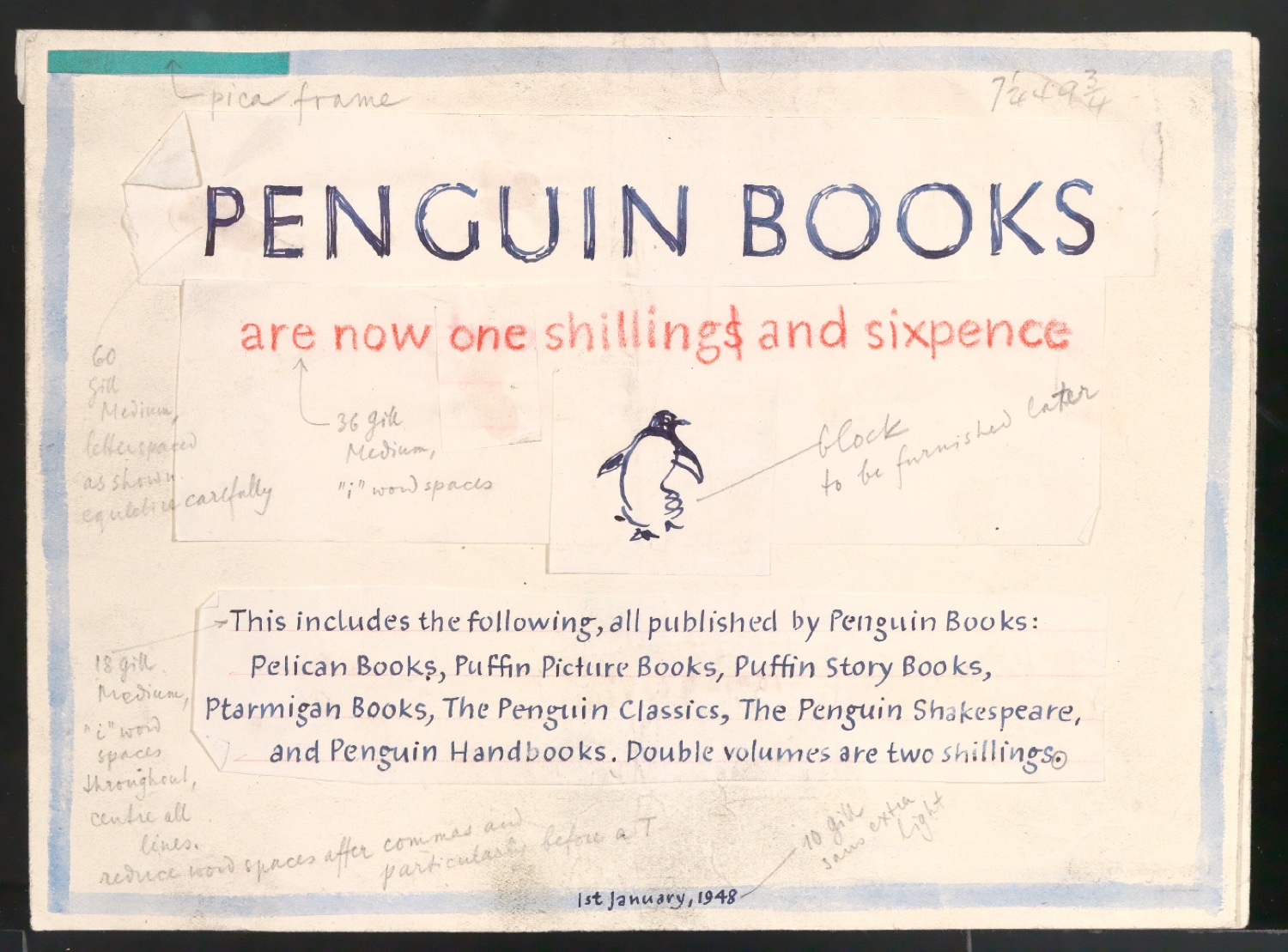 Klebeentwurf für ein Werbeschild Penguin Books 1st January 1948 — Blatt 1