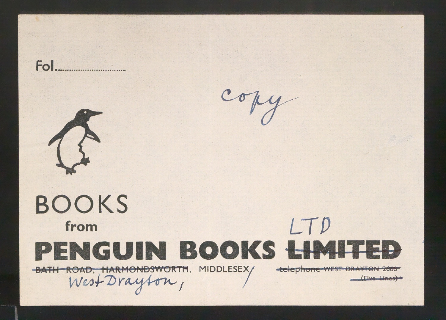 Korrigierter Probedruck für das Adressetikett Penguin Books Bath road — Blatt 1