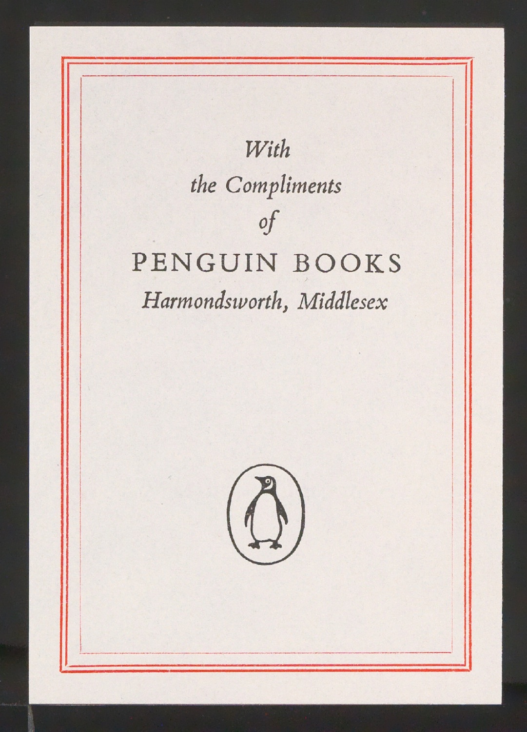 Empfehlungskarte Compliments of Penguin Books — Blatt 1