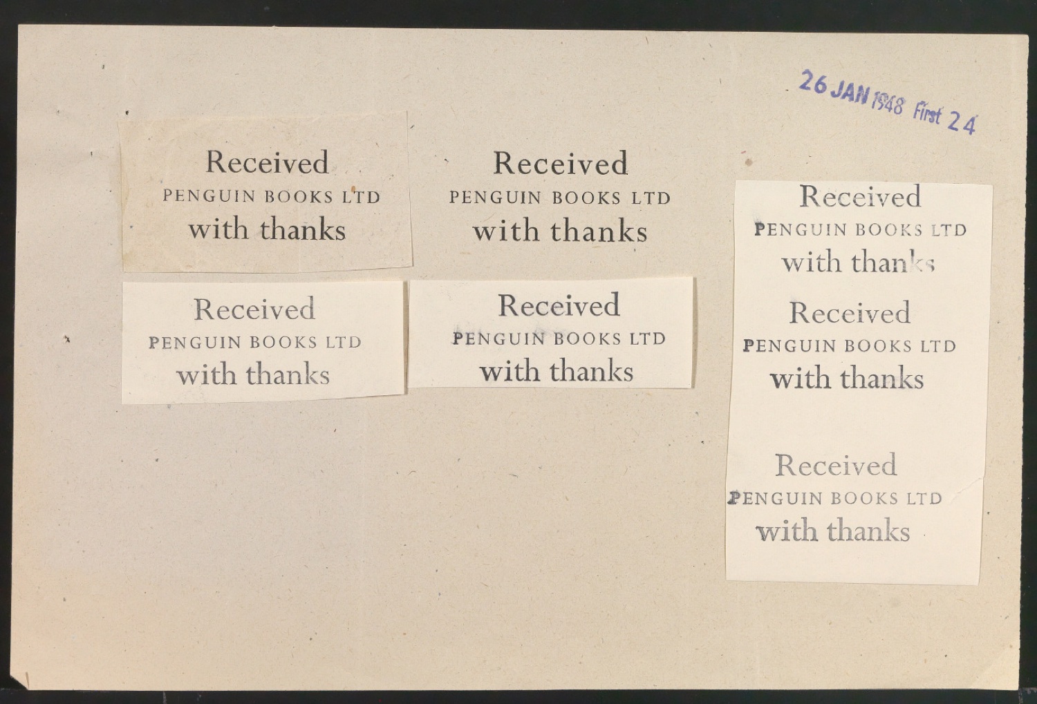 Klebeentwurf für Schriftzug Received with thanks — Blatt 1