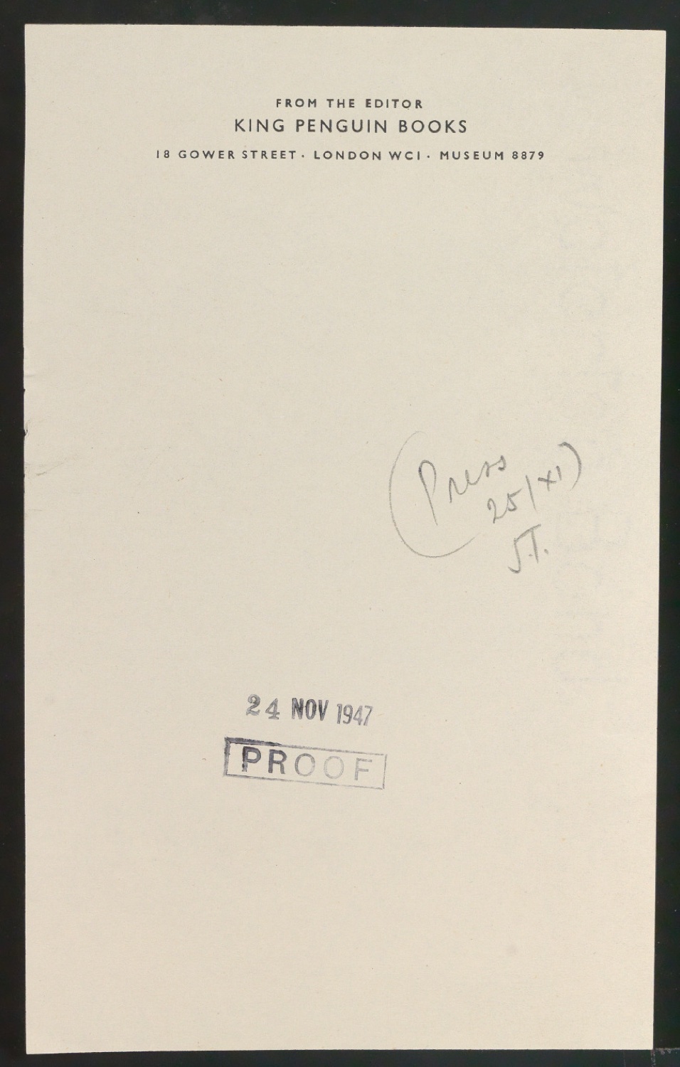 Probedruck für einen Briefbogen From the Editor King Penguin Books — Blatt 1