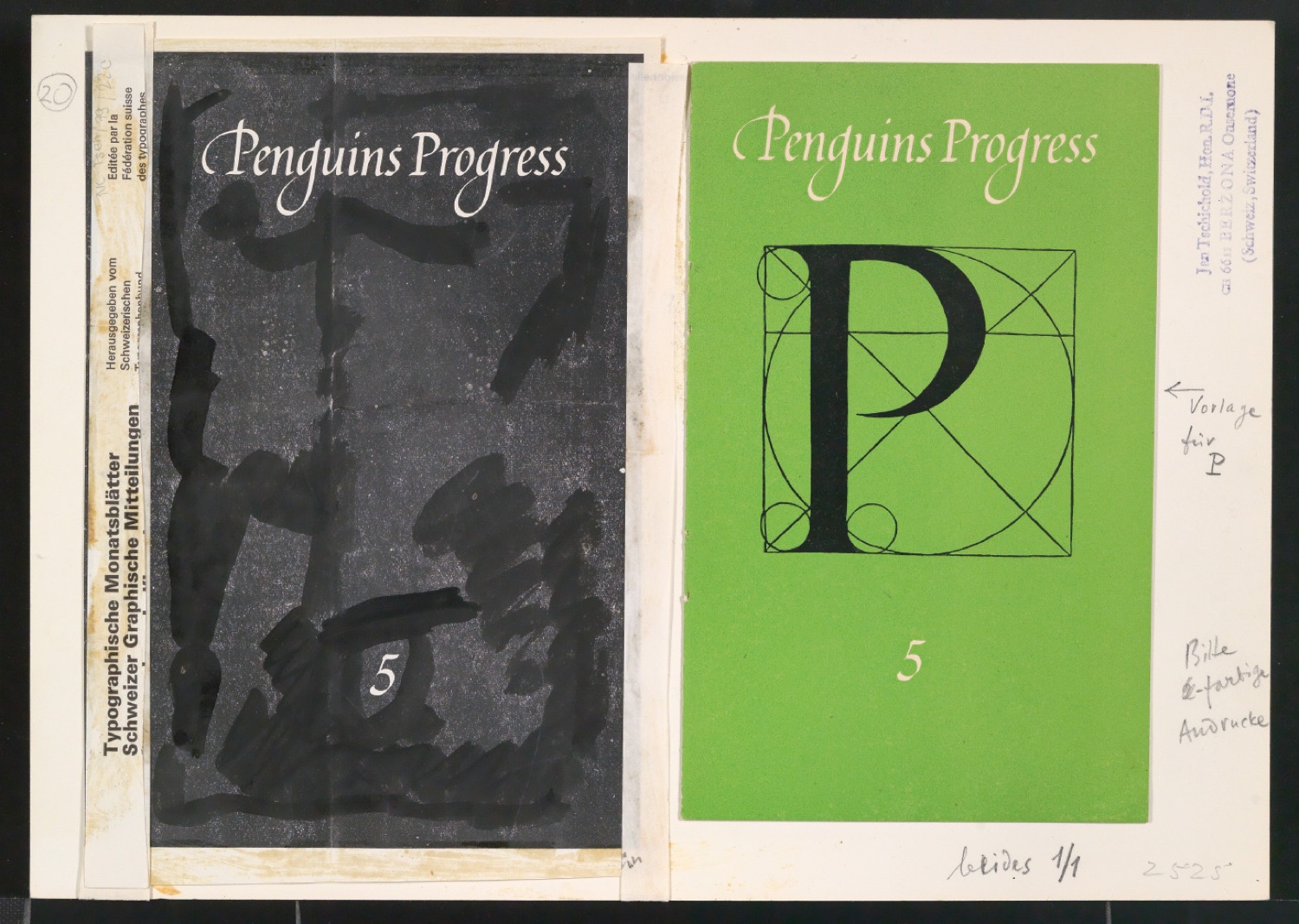 Probedrucke für den Umschlag von Penguin Progress Volume 5 — Blatt 1