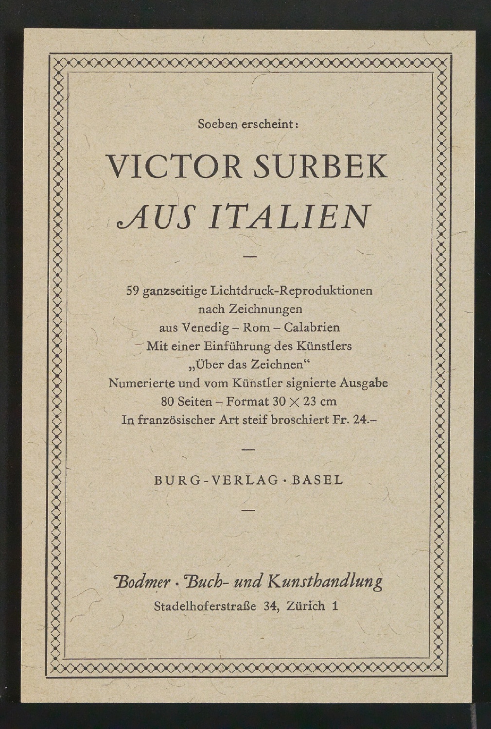 Handzettel Verlagswerbung Victor Surbek Aus Italien — Blatt 1