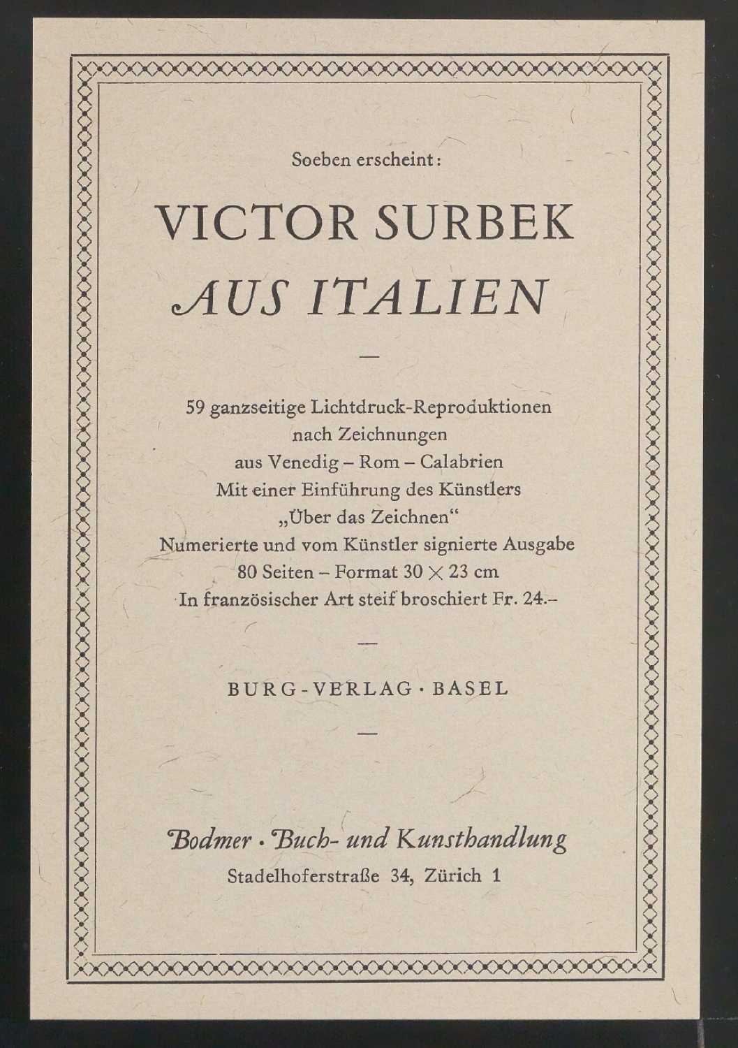 Handzettel Verlagswerbung Victor Surbek Aus Italien — Blatt 1