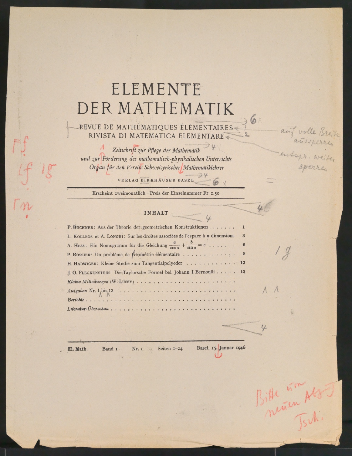 Korrigierter Probedruck von Titelblatt für Elemente der Mathematik — Blatt 1